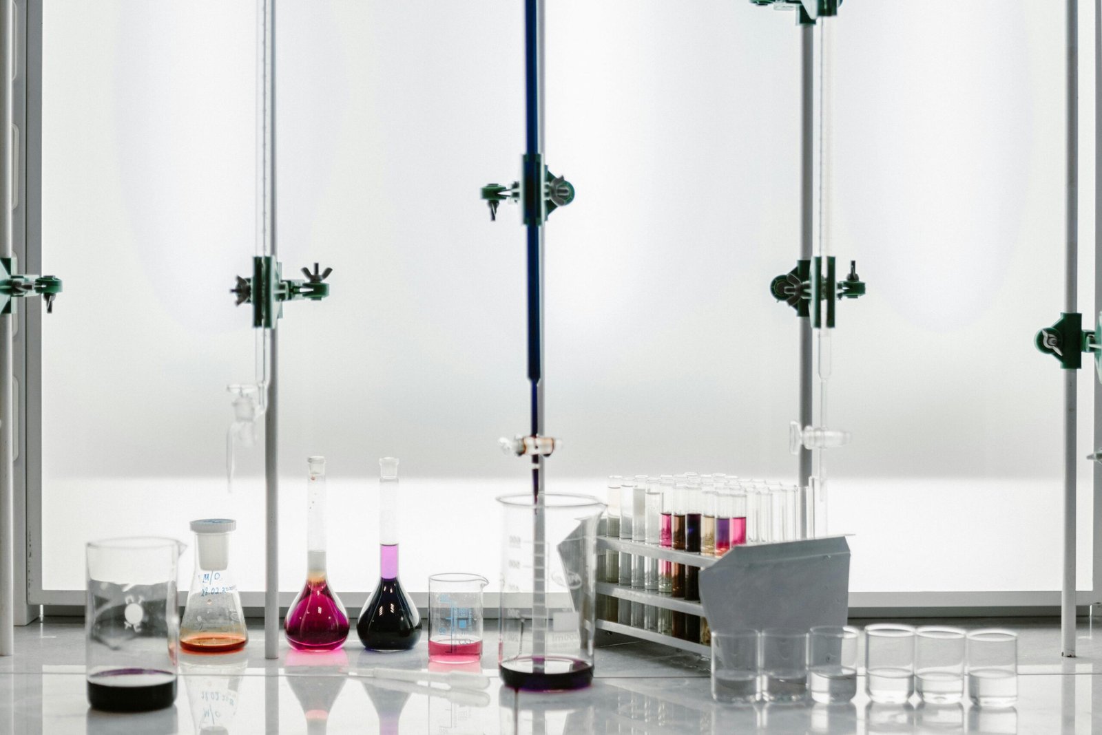 Organized laboratory setup with test tubes and glass containers showcasing scientific experimentation.